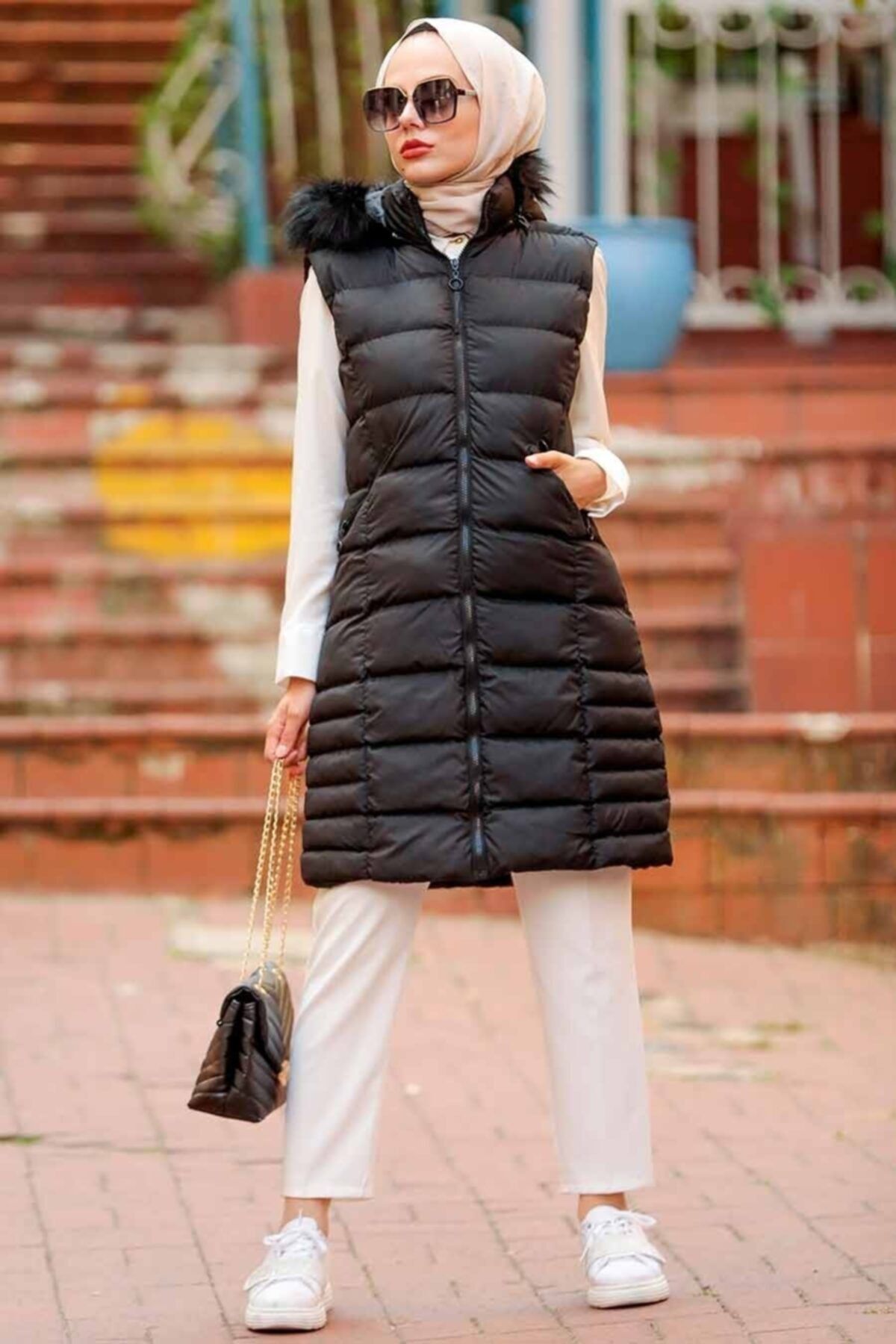 Neva Style Kürklü Siyah Tesettür Şişme Yelek 1363s