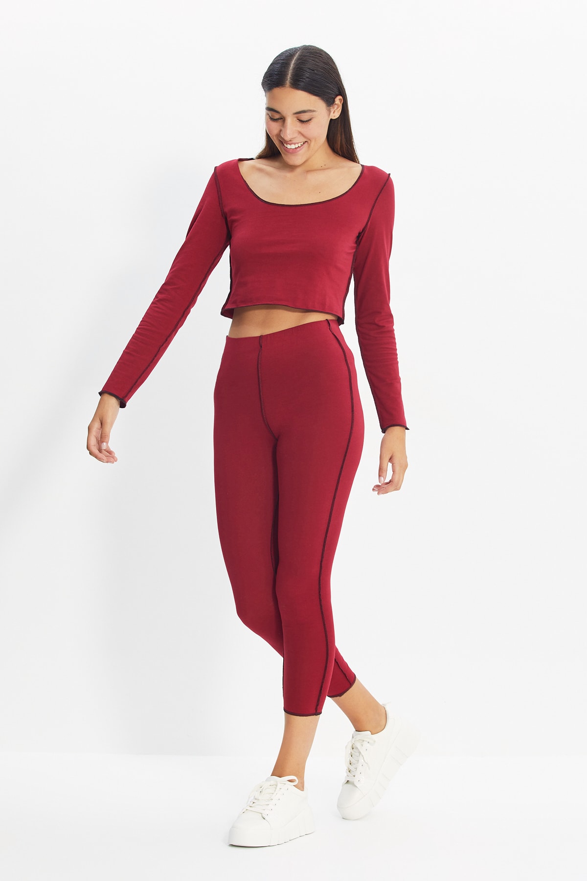 TRENDYOLMİLLA Bordo Karyoka Dikişli Örme Tayt TWOAW22TA0055