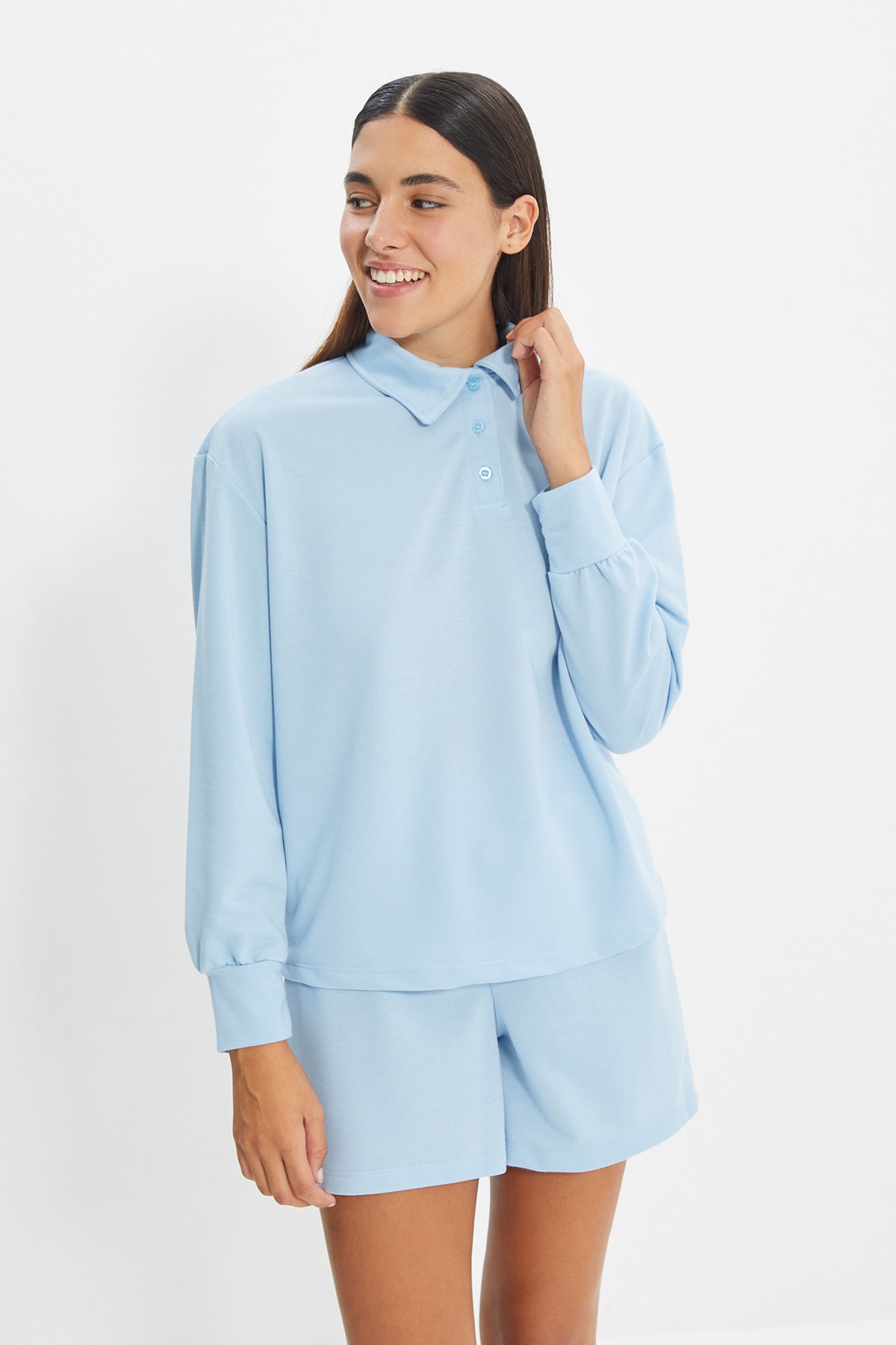 TRENDYOLMİLLA Mavi Polo Yaka Örme Pijama Takımı THMAW22PT0055