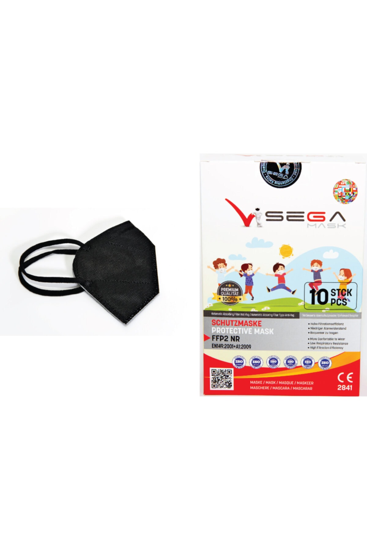 Sega Mask N95 Ce Ve Iso Sertifikalı Çocuk Siyah Maske - 1 Kutu ( 10 Adet )
