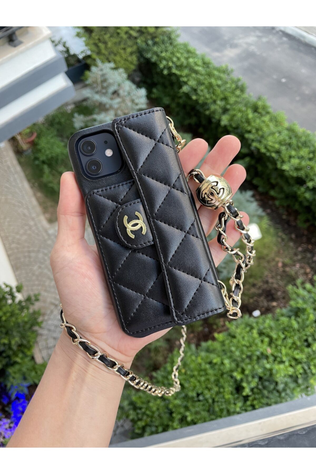 casehometr Iphone 12pro Uyumlu Deri Askılı Cüzdanlı Chanel Kılıf