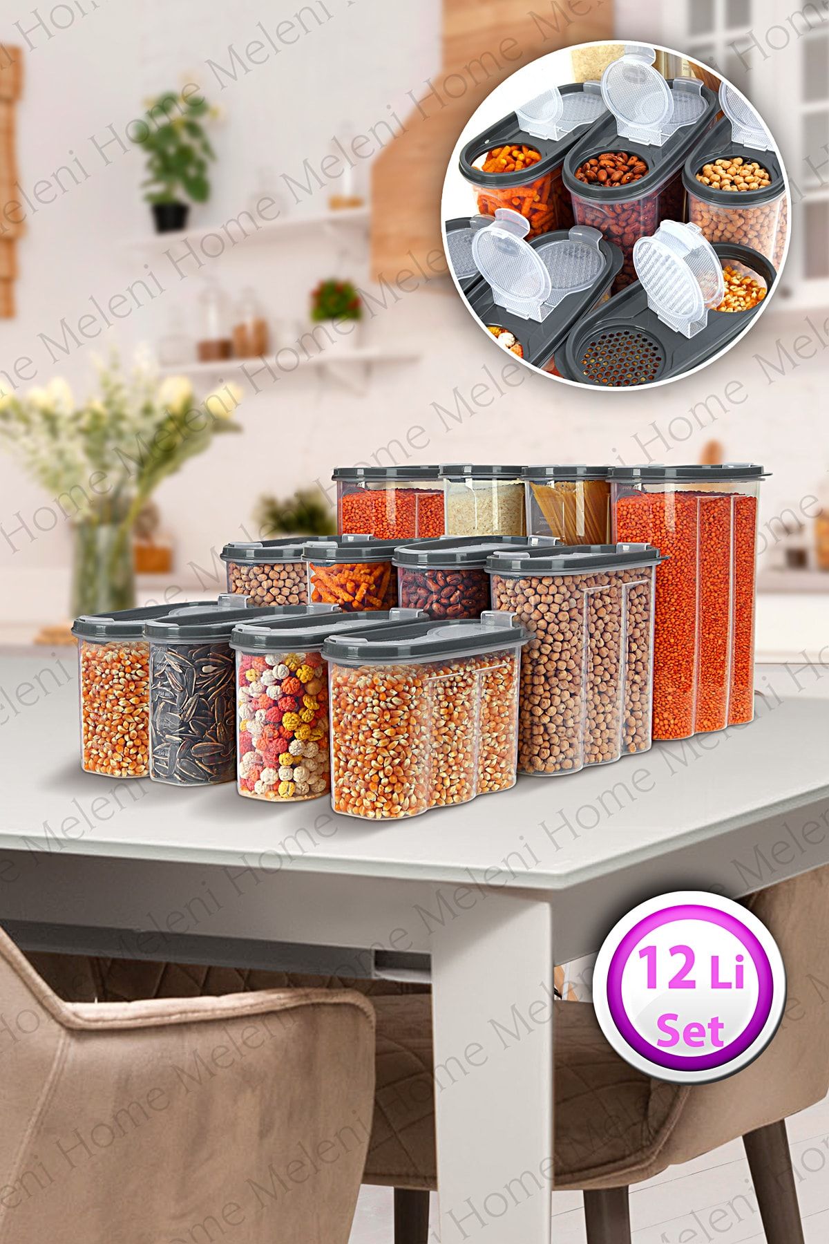 Meleni Home 12'li Sızdırmaz Kapaklı Erzak Saklama Kabı Seti 4x ( 1200 Ml, 1700 Ml, 2400 ml )