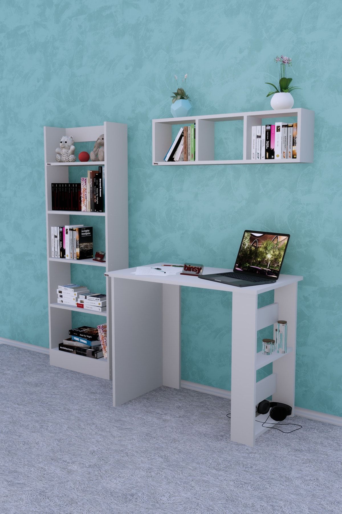 Binsy Bera Süperset Laptop Masa Çalışma Masası + Raf + Kitaplık Beyaz