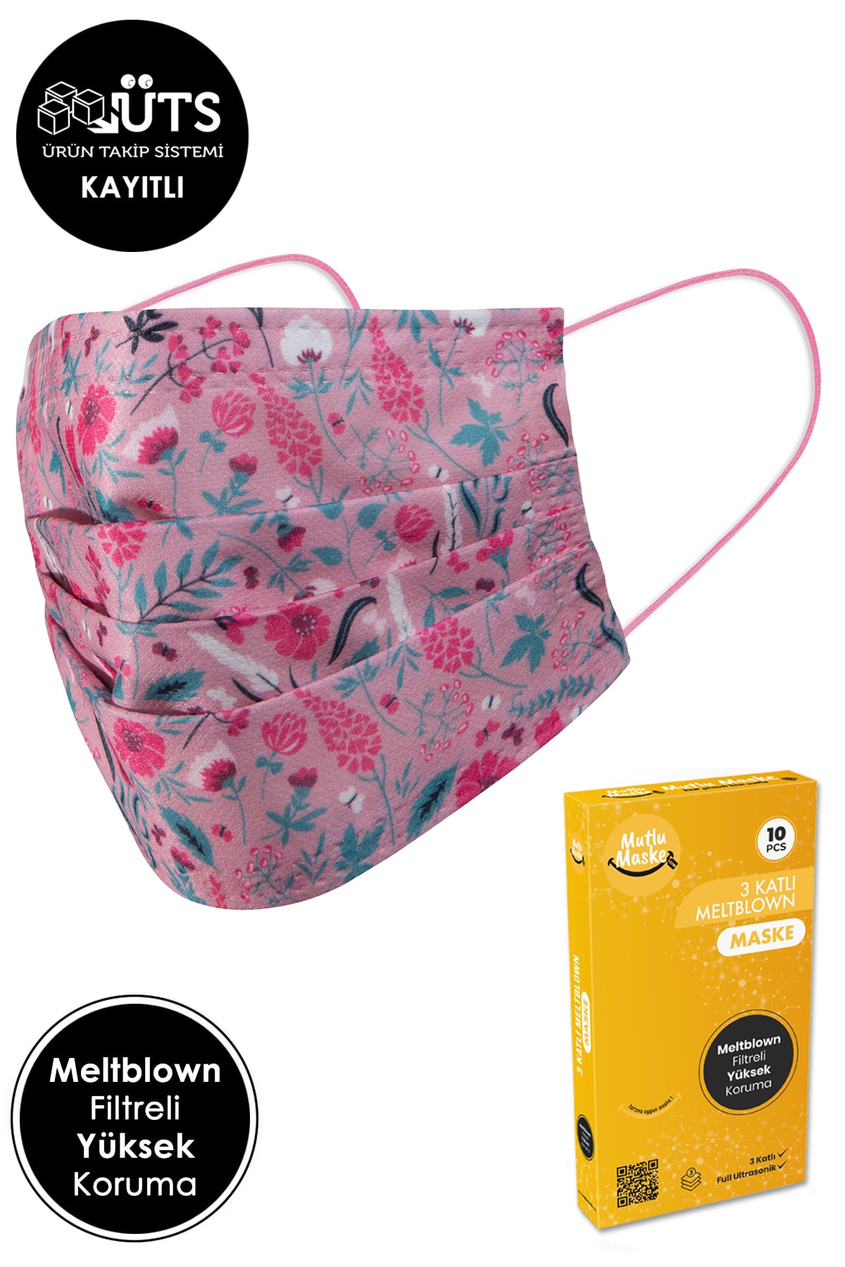 Mutlu Maske Meltblown Filtreli Yumuşak Lastikli 3 Katlı Telli Pembe Çiçekli Desenli Cerrahi Maske 10'lu