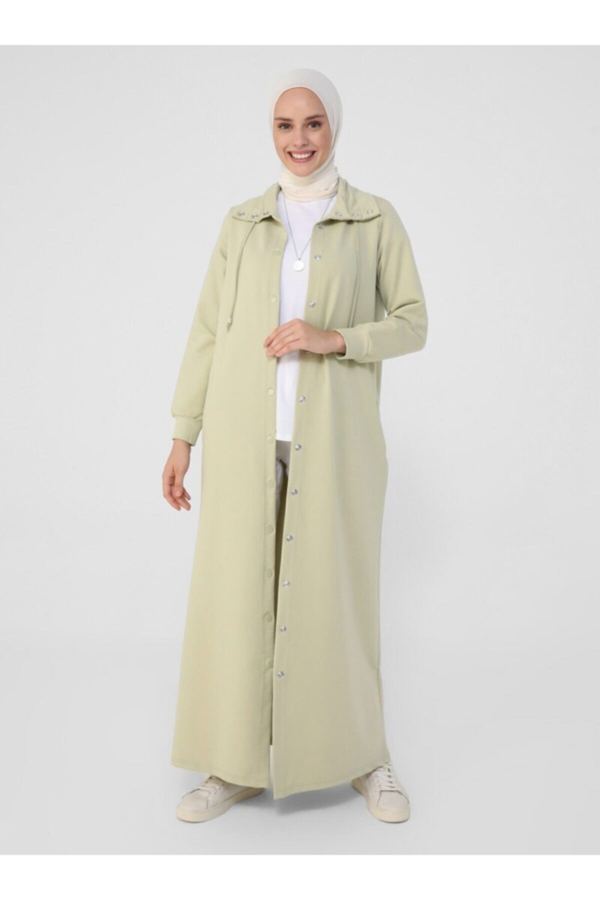 Benin Yüksek Yaka Çıtçıtlı Pardesü - Su Yeşili