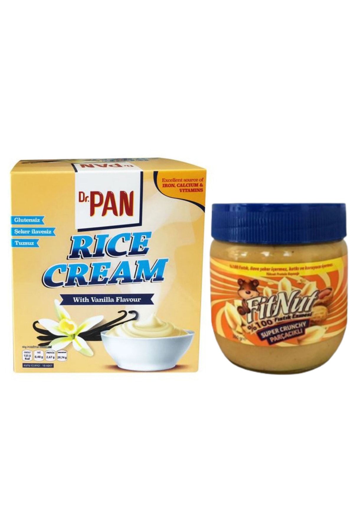 FitNut Rice Cream Vanilyalı 400 Gr & Şekersiz Fıstık Ezmesi Crunchy 360 Gr - Cam