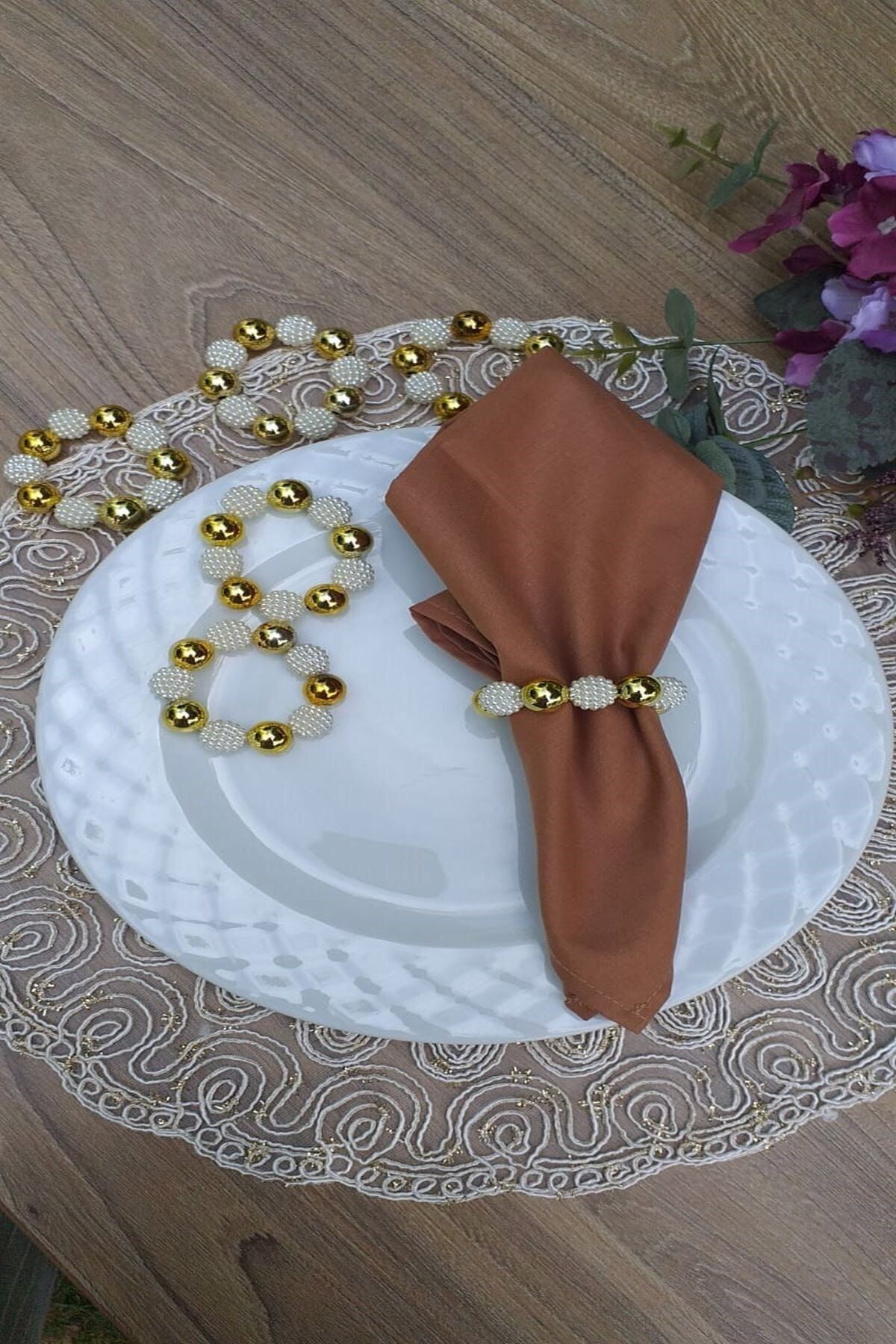ESanat Evi 12 Adet Gold Boncuklu Böğürtlen Peçete Yüzüğü