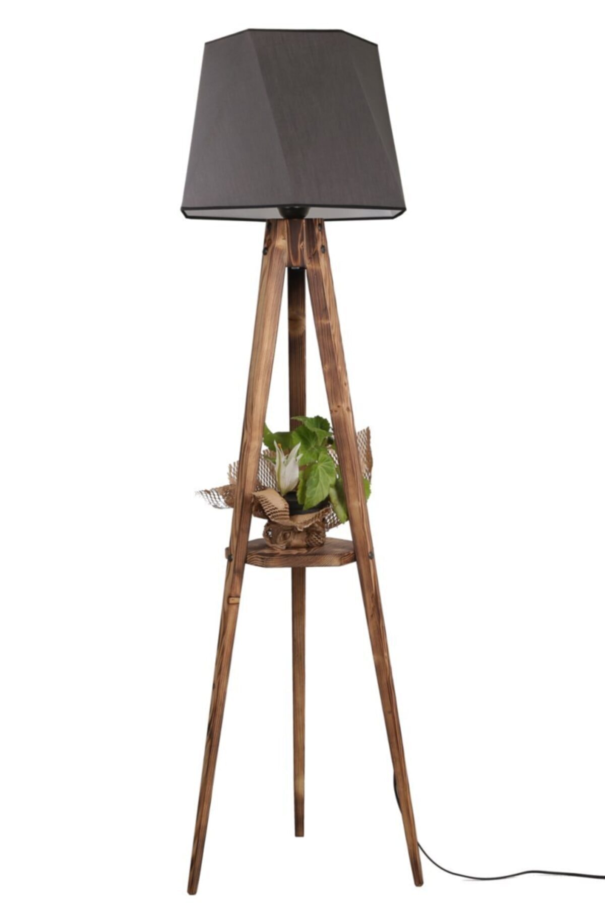 HepsiEvime Sehbalı Tripod Lambader Yanık Altıgen Koyu Gri Abajurlu