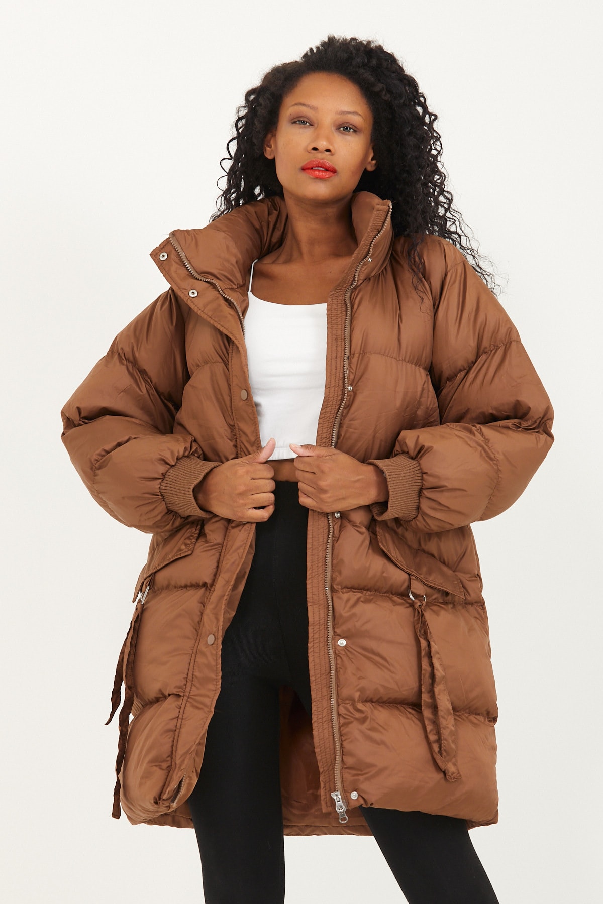 ZUQA STORE Kadın Taba Bağcık Detaylı Şişme Mont
