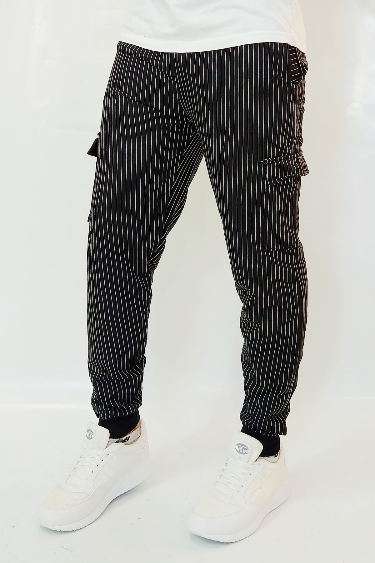 MTSTİL Unisex Siyah Çizgili Kargo Cepli Eşofman Altı