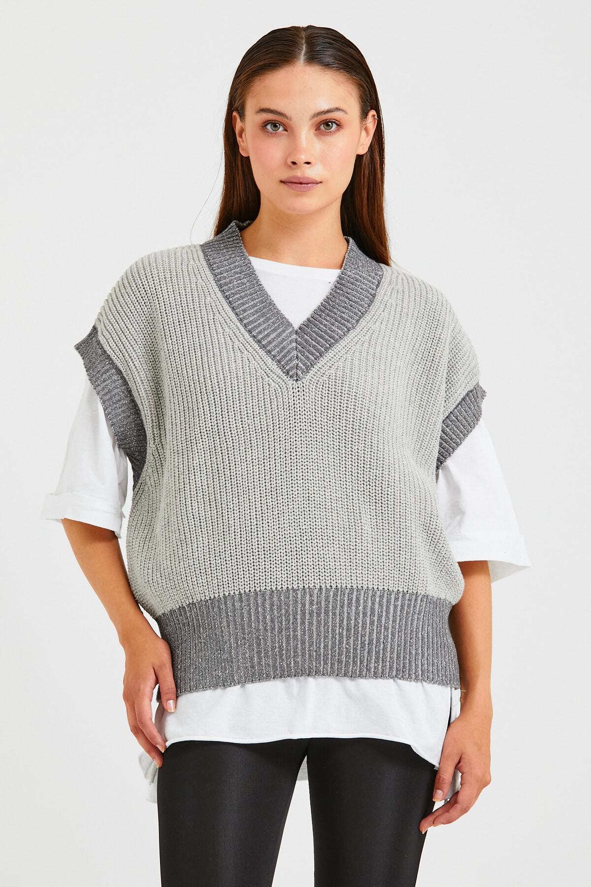 THE DOORE Kadın Gri V Yaka Selanik Triko Süveter