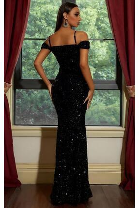 Kadın Siyah Kadife Pul Payet Balık Uzun Abiye Mezuniyet Elbisesi Image 2