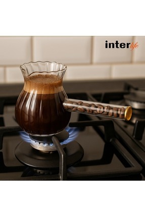 Kahve Çekirdeği Kulplu Cam Cezve Isıya Dayanıklı ŞERİTLİ Modern Tasarım Cezve 500 ML Image 0