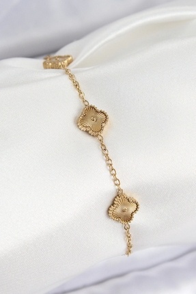 316L Çelik Gold Renk Yonca Kadın Bileklik Image 0