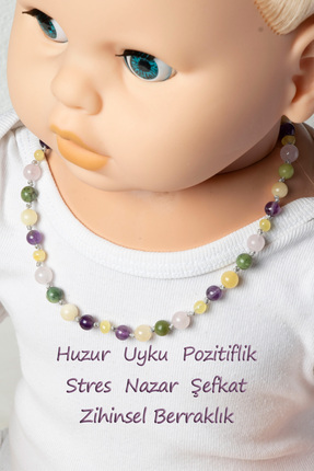 Sertifikalı Bebek Kehribar Kolyesi - Ametist, Pembe Kuvars, Kalsit ve Yeşim Taşı Kombinasyonu Image 0
