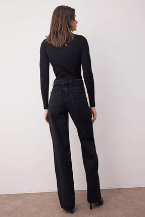 Siyah Pens Detaylı Yüksek Bel Wide Leg Jeans TWOAW23JE00345 Image 3