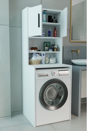 Çamaşır Makinesi Üstü Çok Amaçlı Banyo Dolabı Kapaklı ve Raflı, Depolama Alanı, Modern Tasarım Dolap Image 0