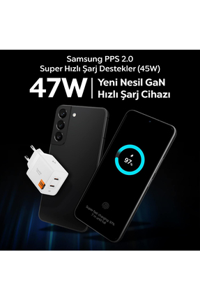 47W USB-C 2 Port Mini Hızlı Şarj Aleti Samsung PPS 2.0 GaN Pro Destekli Akım Koruma Type-C ACH08707 Image 2