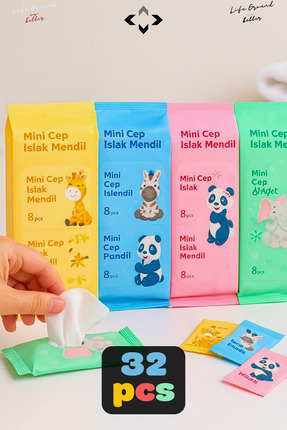 4x8 32 Paket Mini Islak Mendil Cep Mendili Çocuk ve Okul Çantası İçin Taşınabilir Hijyenik Mendil Image 0