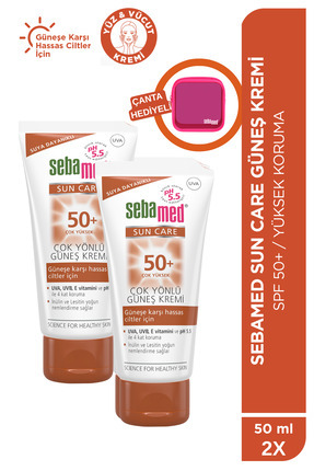Sun Care SPF 50+Üçlü Yüksek Koruma Güneş Kremi 50ml x 2 Adet -Makyaj Çantası Hediyeli Set Image 0