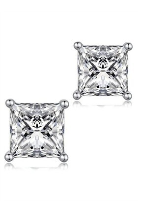 3 mm Beyaz Kare Zirkon Taşlı 925 Ayar Gümüş Prenses Kesim Unisex Küpe (1 çift) Image 0