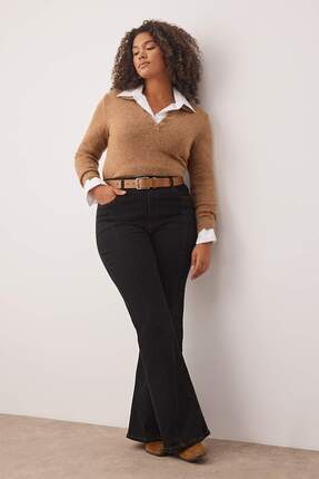 Özel Koleksiyon Siyah Yüksek Bel Nervürlü İspanyol Paça Büyük Beden Flare Jeans TBBAW26CJ00013 Image 5