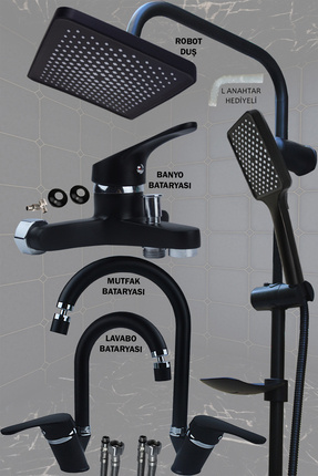 Mat Siyah Lavabo Banyo Mutfak Bataryası Robot Duş Seti Siyah Banyo Seti Armatür Musluk Batarya Image 0