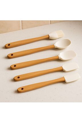 5 Li Mini Bambu Spatula Seti - Krem Image 0