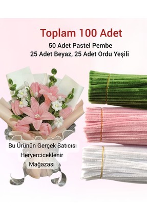 3'lü Set Pastel Pembe, Beyaz, Ordu Yeşili Şönil ,Çiçek Yapımına Uygun Tüylü Tel Image 0