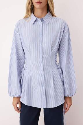Mavi Belden Bağlama Detaylı Çizgili Dokuma Gömlek TCTSS25TG00003 Image 2