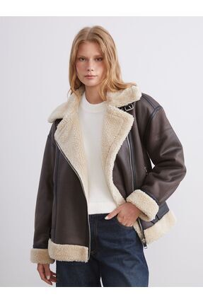 LCW Vision Biker Yaka Oversize Kadın Süet Mont Image 0