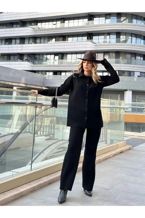 Kadın Önü Düğmeli Hırka Pantolon Alt Üst İkili Triko Takım - Siyah Image 2