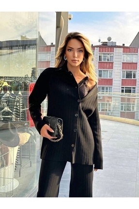 Kadın Önü Düğmeli Hırka Pantolon Alt Üst İkili Triko Takım - Siyah Image 5