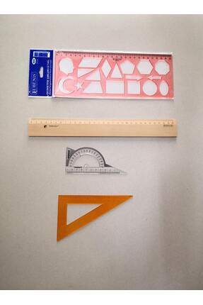 Geometrik Şablon Cetvel, Gönye, İletki, Tahta Cetvel 30cm. Matematik Ders Materyali Image 0