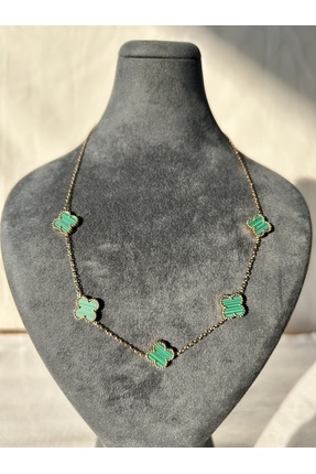 Gold Yonca Model Yeşil Taş Kolye Image 0