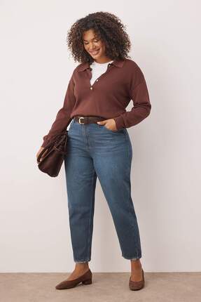 Mavi Yüksel Bel Paçası Destroy Detaylı Mom Fit Denim Büyük Beden Jean TBBAW26CJ00010 Image 0