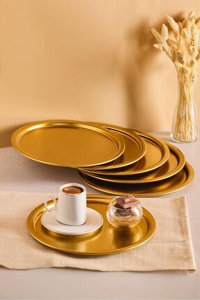 GOLDIN Mat Gold Metal 6’lı 23x23 Kahve Yuvarlak Servis Sunum Tepsisi Image 0