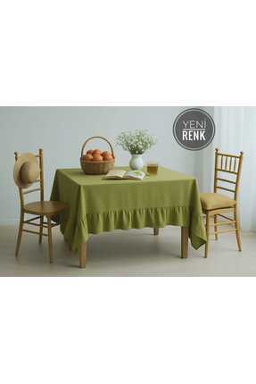 Yeşil Premium Keten Fırfırlı Naturel Vintage Masa Örtüsü / Koltuk Örtüsü Image 0