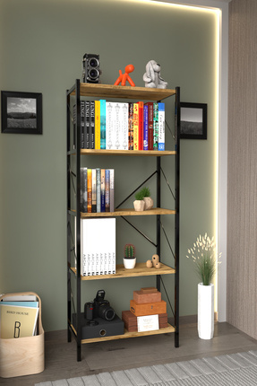 Metal Kitaplık 5 Raflı Ofis Kitaplığı Kitap Dosya Rafı Ceviz Image 0