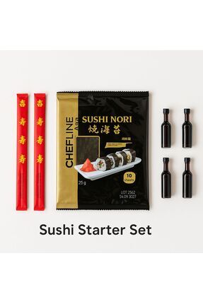 10’lu Nori Yosun Yaprağı + 4x10ml Soya Sosu + 2 Bambu Stick – Sushi Starter Set Image 0