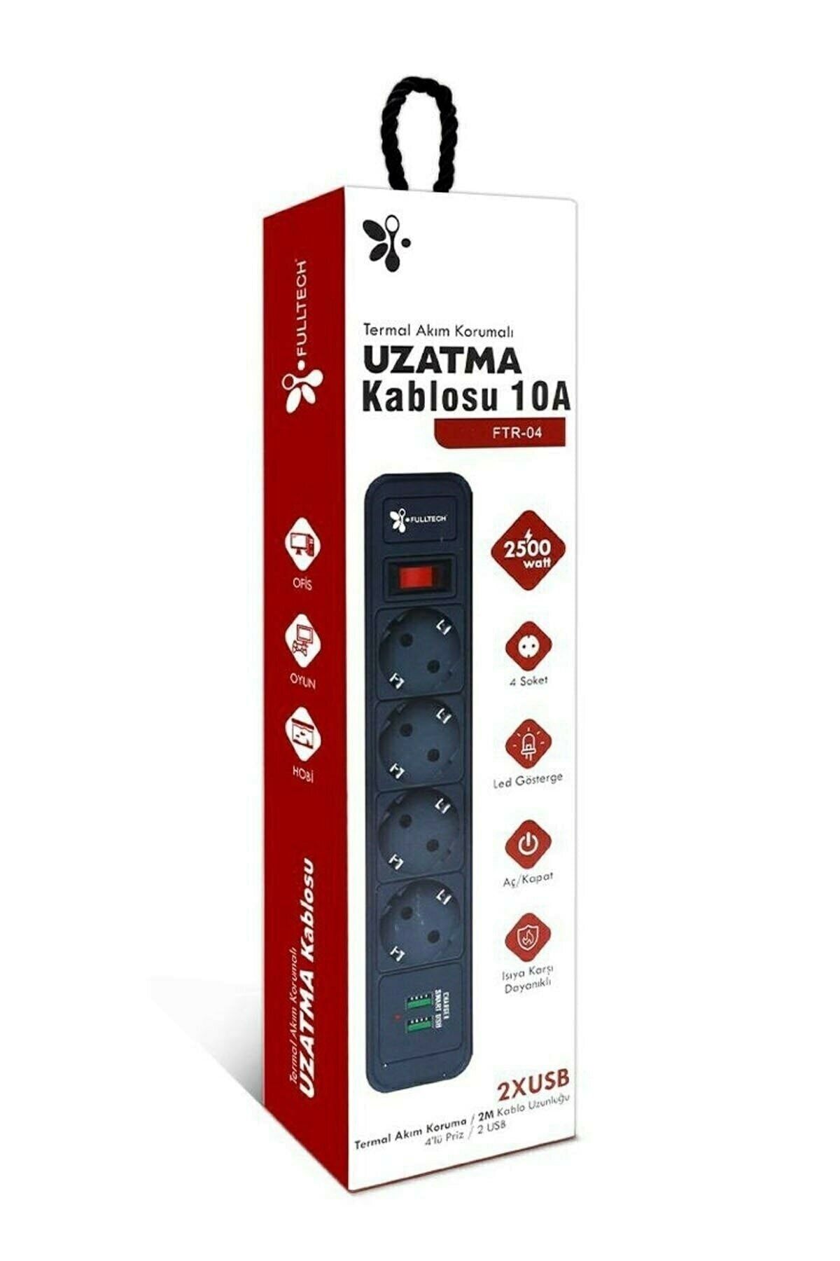 EN SİGA Priz Termal Akım Korumalı Fulltech 2 Metre Uzatma Kablolu 10 Amper 2 Usb'li 4 Prizli