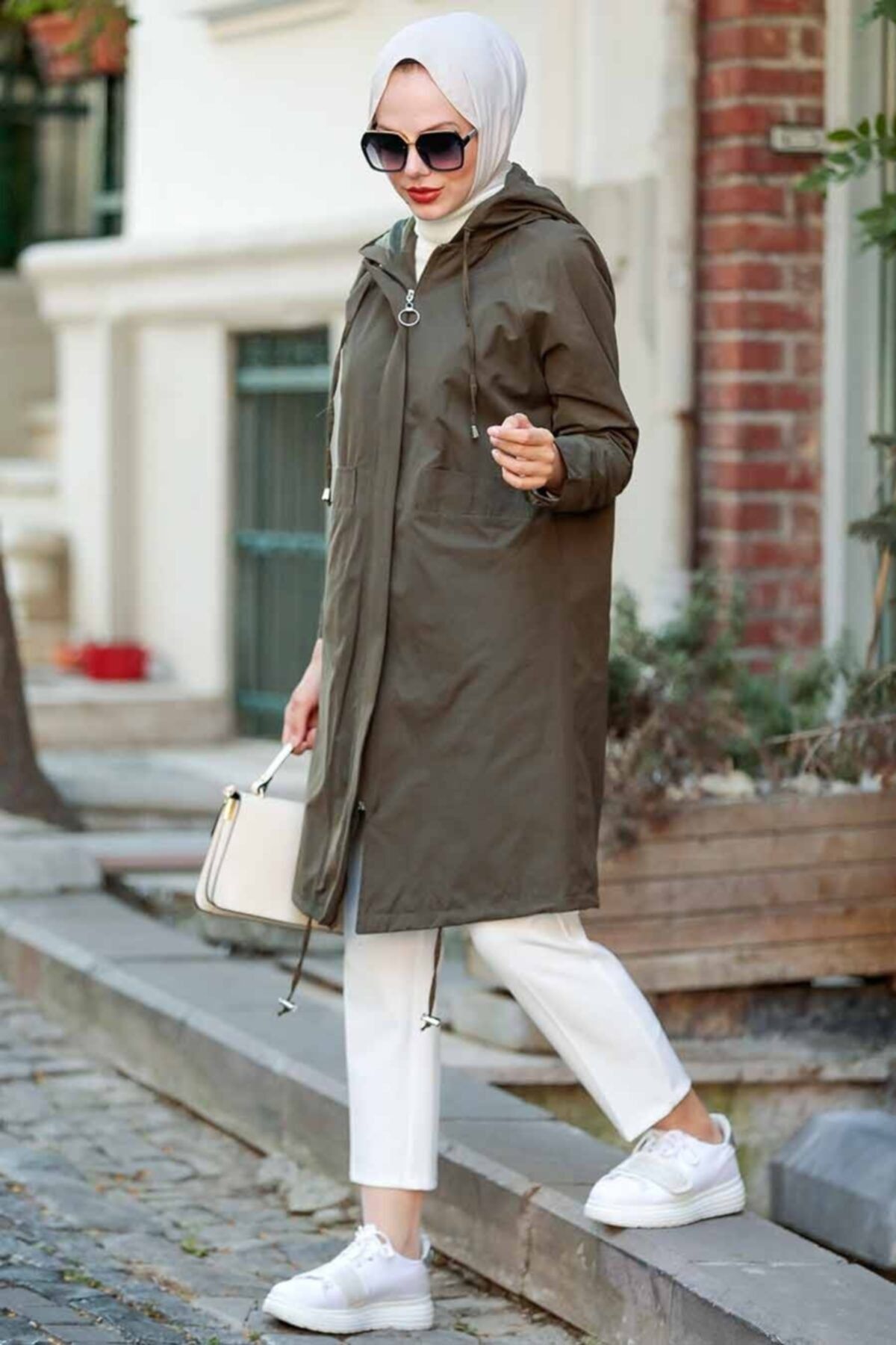 Neva Style Kapüşonlu Haki Tesettür Trençkot 8932hk