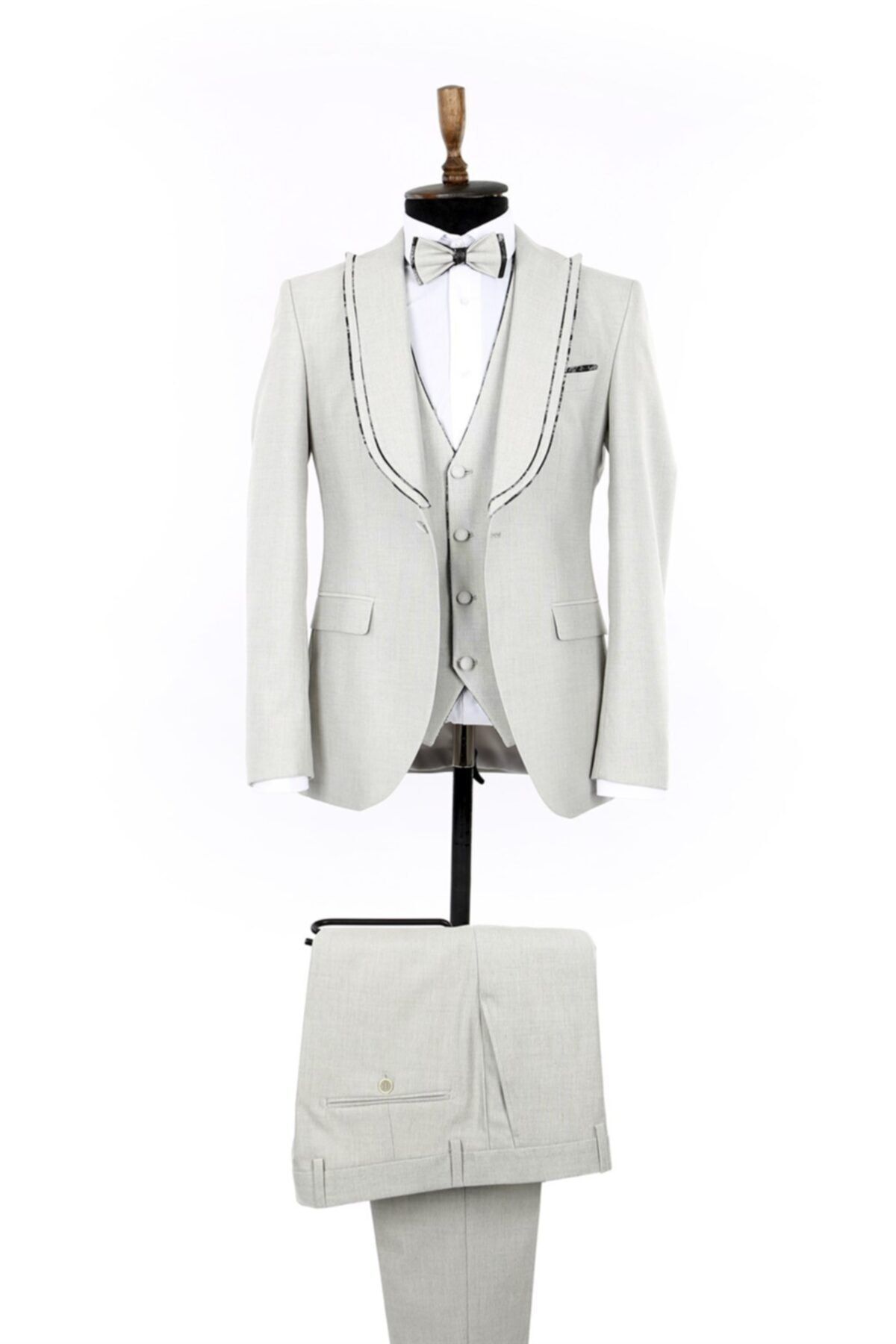 Jakamen Gri Slim Fit Yelekli Çıkma Sivri Yaka Damatlık