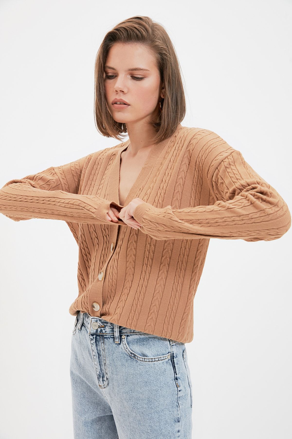 TRENDYOLMİLLA Camel Örgü Detaylı Triko Hırka TWOAW22HI0929