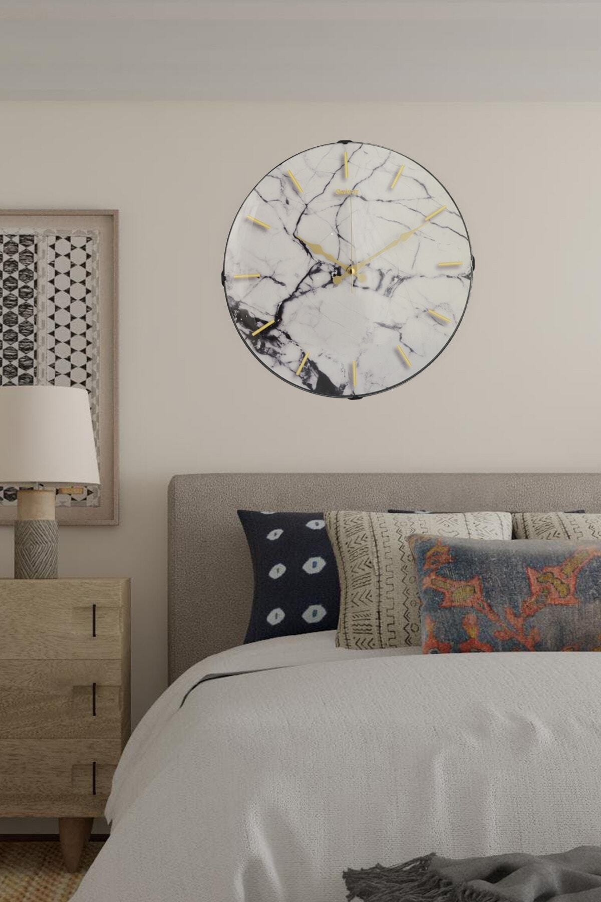 YSCPDesign Mermer Desenli Oval Gerçek Cam Duvar Saati 35x35 Cm
