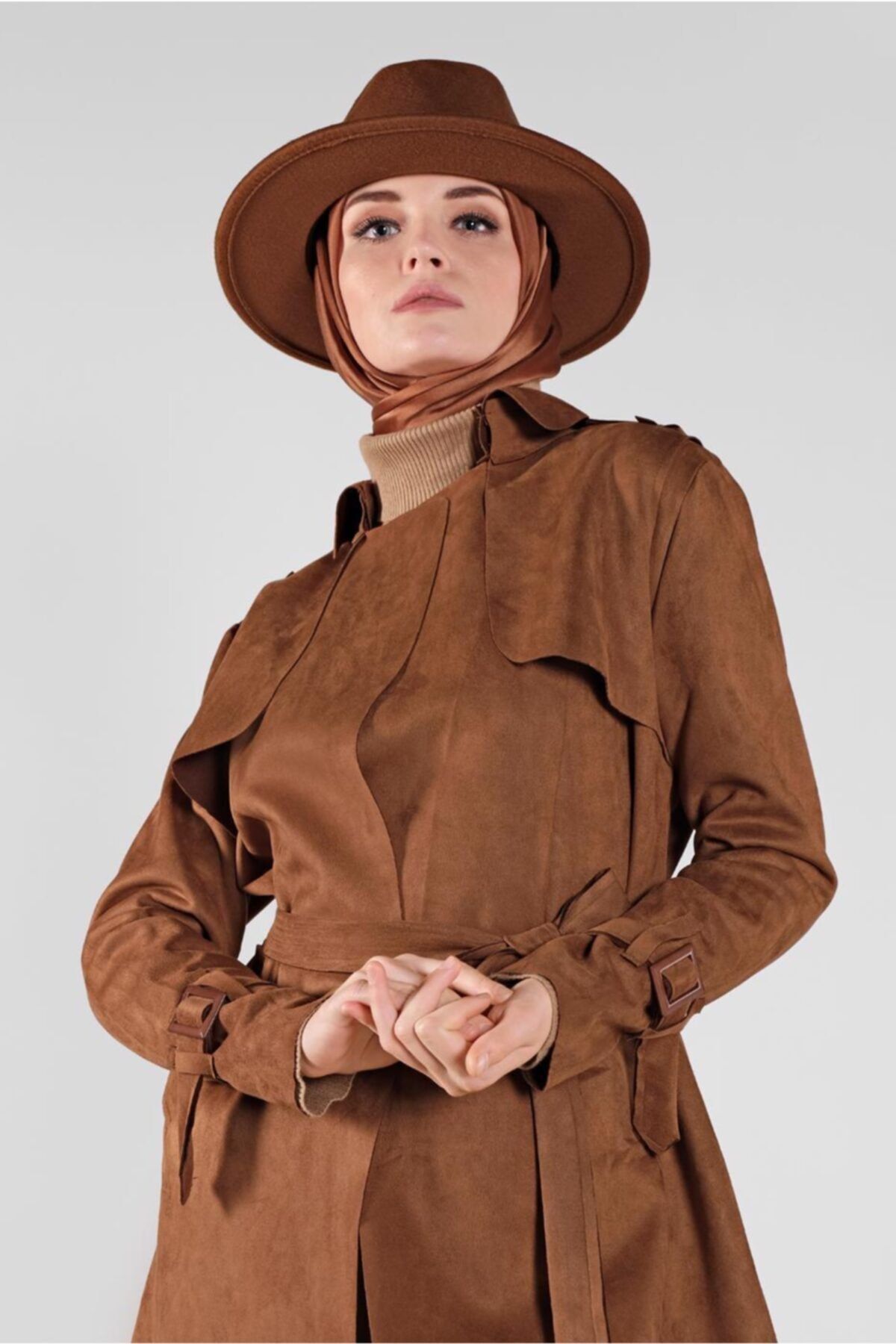 TRENDTESETTÜR Beli Kuşaklı Süet Trençkot 7107