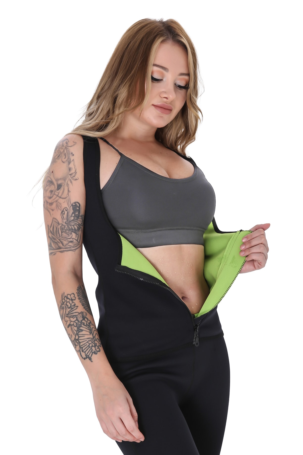 GİYİNCEL Kadın Siyah Neopren Termal Fermuarlı Spor ve Terletme Atleti