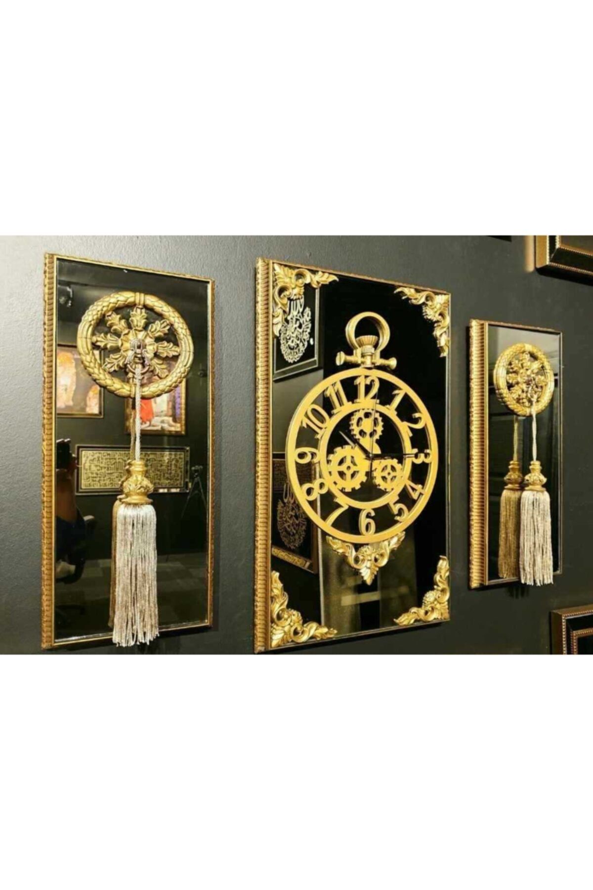 byMelekoğlu 3'lü Antik Gold Saat, Saat, Aynalı Saat Takımı