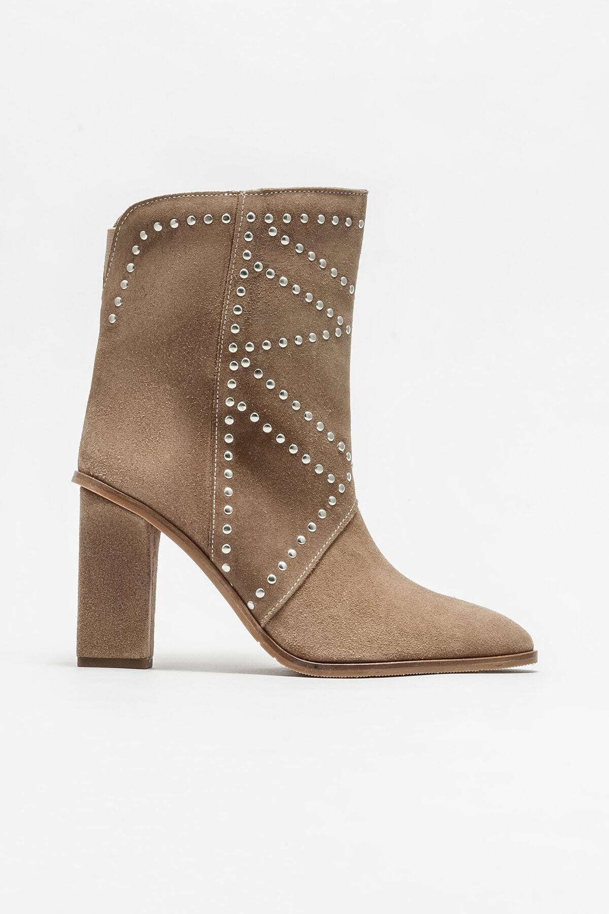 Elle Shoes Vizon Kadın Deri Topuklu Bot