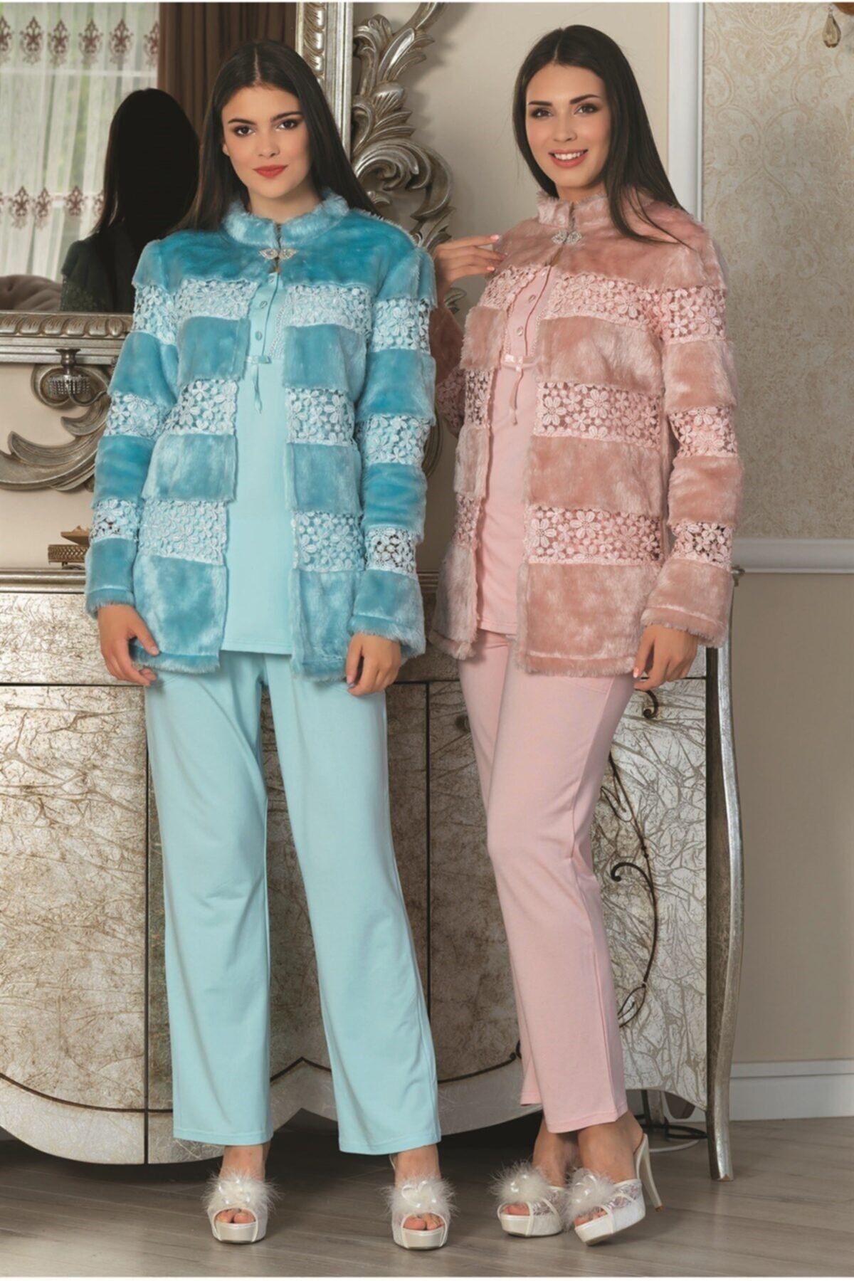 Mecit Pijama Mecit 5129 Peluş Detaylı Lohusa Pijama Takımı